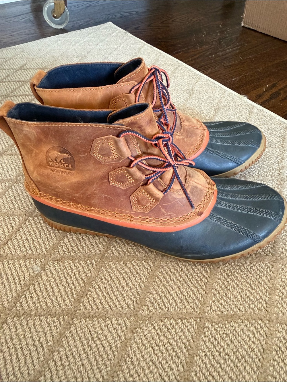 Sorel Two-Tone Brown Leather and Navy Rubber Waterproof Rain Boots